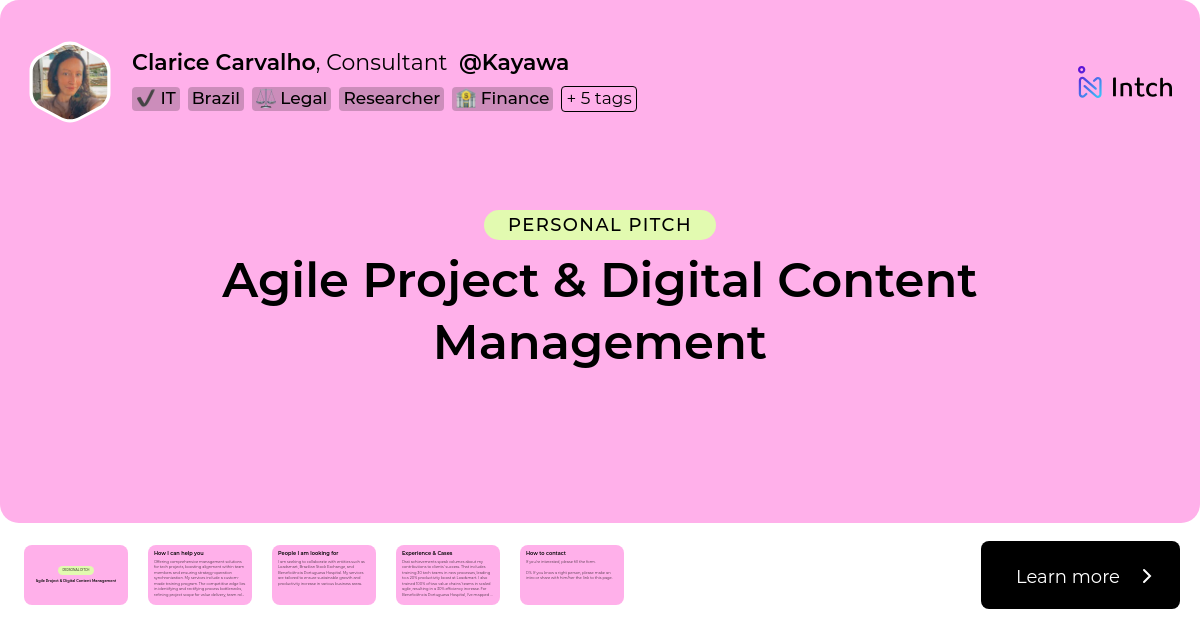 Clarice Carvalho Agile Project & Digital Content Management Intch