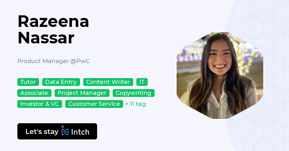 Ms Razeena Razeena Nassar - Product Manager, PwC | Intch