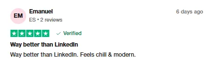 Trustpilot review by Emanuel saying Intch is way better than LinkedIn and feels chill and modern.
