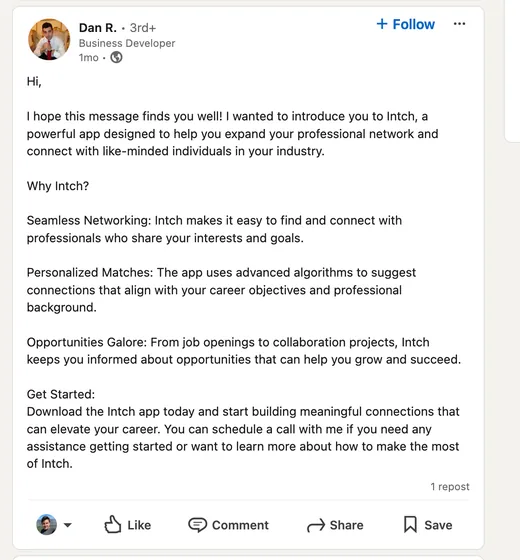 LinkedIn post by business developer Dan R. introducing Intch as an app for expanding your professional network, with personalized matches and job and collaboration opportunities.