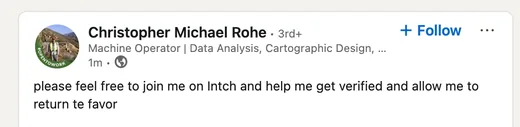 LinkedIn post by Christopher Michael Rohe inviting people to join him on Intch and help each other get verified.