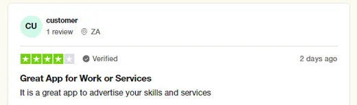 Trustpilot review from a customer in South Africa calling Intch a great app to advertise your skills and services.