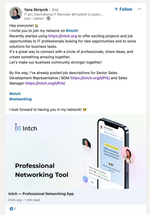 LinkedIn post by IT recruiter Yana Skripnik saying she uses Intch to offer projects and jobs to IT professionals and has posted sales job openings there.