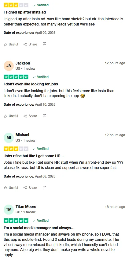 Four Trustpilot reviews of Intch's job search: users say it feels more like Instagram than LinkedIn, praise the clean mobile-first interface and fast support, and report finding solid leads.