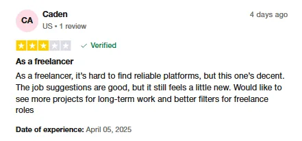 Three-star Trustpilot review by Caden, a freelancer who finds Intch's job suggestions good but wants more long-term projects and better freelance filters.