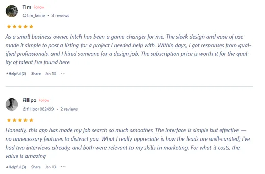 Online reviews by Tim, a small business owner who hired a designer through Intch, and Fillipo, who got two relevant marketing interviews.