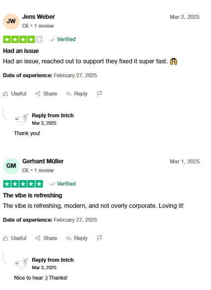 Trustpilot reviews by Jens Weber and Gerhard Müller praising Intch support for quickly fixing an issue and the app's refreshing, non-corporate vibe.