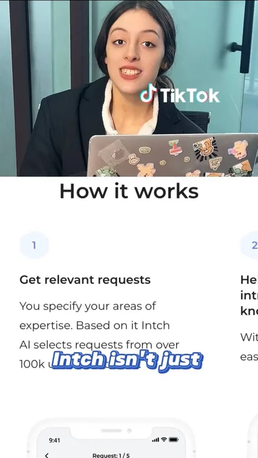 TikTok video in which a creator walks through Intch's How it works page, captioned Intch isn't just.