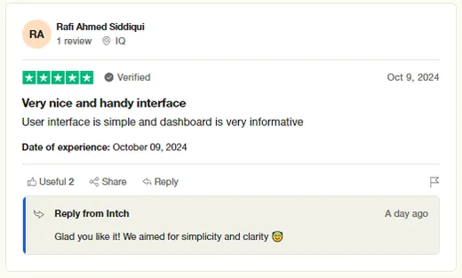 Trustpilot review by Rafi Ahmed Siddiqui praising Intch's nice, handy interface: a simple UI and a very informative dashboard.