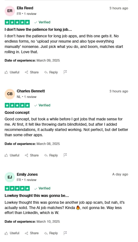 Three Trustpilot reviews by Ella Reed, Charles Bennett and Emily Jones praising Intch for quick job matching without long applications and for its AI job matches.
