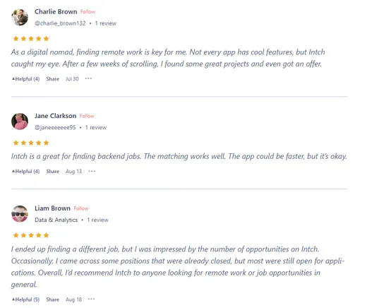Product Hunt reviews by Charlie Brown, Jane Clarkson and Liam Brown saying Intch helped them find remote projects, backend jobs and many open job opportunities.