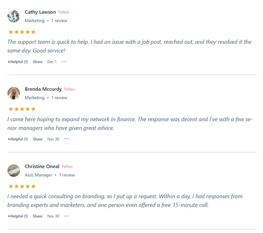 Online reviews by Cathy Lawson, Brenda Mccurdy and Christine Oneal on fast support, connecting with senior finance managers and quick branding advice.