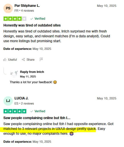 Two Trustpilot reviews: Stéphane L., a data analyst, praises Intch's fresh design, easy setup and relevant matches, and Lucia J. got matched to 3 UX/UI projects quickly.