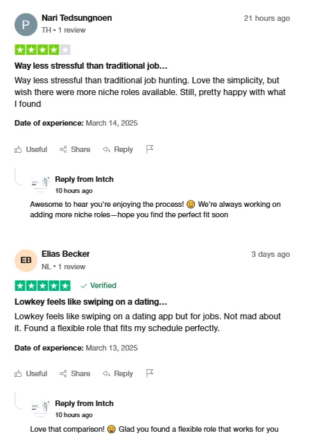 Two Trustpilot reviews: Nari Tedsungnoen says Intch is way less stressful than traditional job hunting, and Elias Becker says it feels like swiping for jobs and found a flexible role.