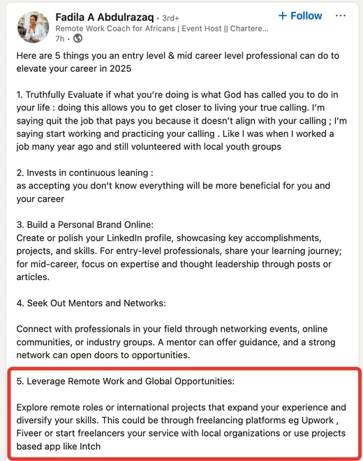 LinkedIn post by remote work coach Fadila A Abdulrazaq sharing career tips for 2025, including exploring remote and international projects via freelancing platforms or project-based apps like Intch.