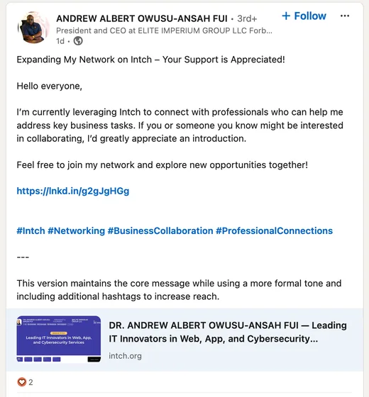 LinkedIn post by Andrew Albert Owusu-Ansah Fui about using Intch to connect with professionals for key business tasks and inviting people to join his network.