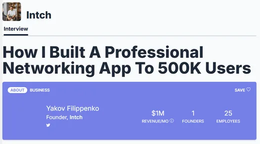 Header of an interview with Intch founder Yakov Filippenko titled How I Built A Professional Networking App To 500K Users.