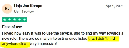 Five-star Trustpilot review by Haje Jan Kamps praising how easy Intch is to use and the many interesting roles not found anywhere else.