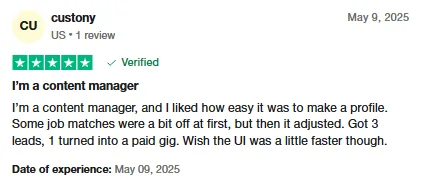 Five-star Trustpilot review by custony, a content manager, who got 3 leads on Intch and turned one into a paid gig, while wishing the UI were faster.