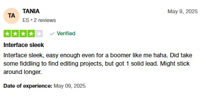 Four-star Trustpilot review by Tania: a sleek, easy interface; finding editing projects took some fiddling, but she got one solid lead.