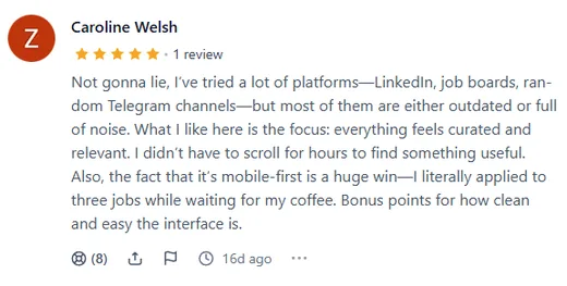 Five-star online review by Caroline Welsh praising Intch's curated, relevant jobs and mobile-first design; she applied to three jobs while waiting for coffee.