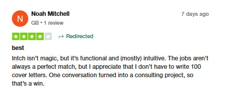 Trustpilot review by Noah Mitchell calling Intch functional and mostly intuitive; he likes skipping cover letters and one conversation turned into a consulting project.