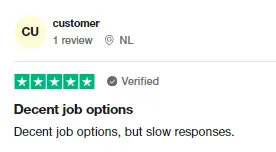 Verified Trustpilot review from a customer in the Netherlands giving Intch five stars for decent job options, while noting slow responses.