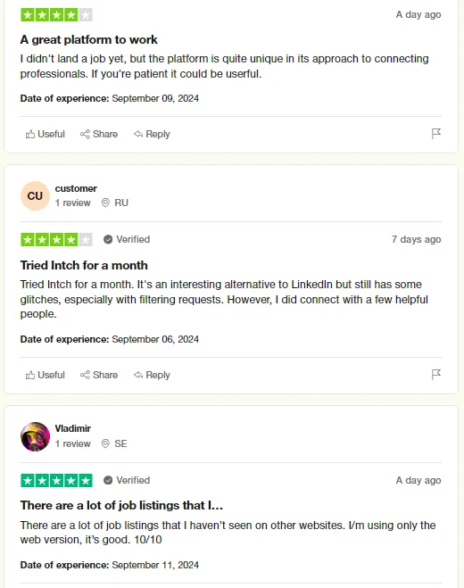 Trustpilot reviews calling Intch unique in how it connects professionals, an interesting LinkedIn alternative with some glitches, and a source of job listings not seen on other websites.