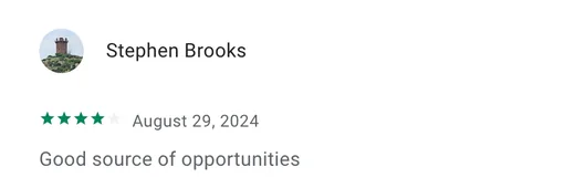Google Play review by Stephen Brooks describing Intch as a good source of opportunities.