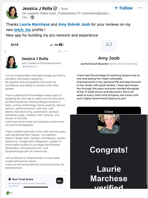 LinkedIn post by video host Jessica J Rolla thanking two people for reviews on her new Intch profile, calling it an app for building her pro network.