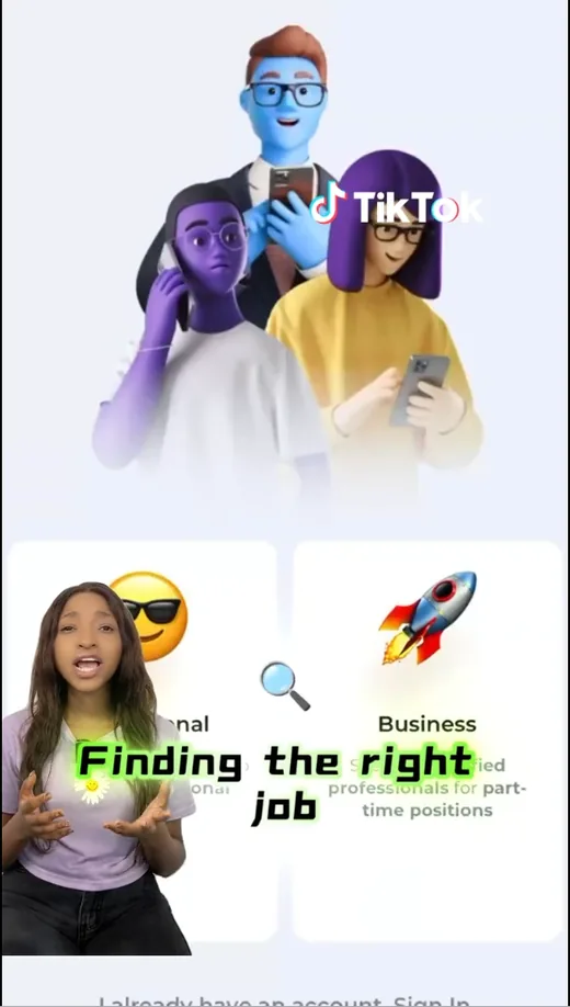 Still from a TikTok video in which a creator presents Intch's start screen and talks about using it for finding the right job.