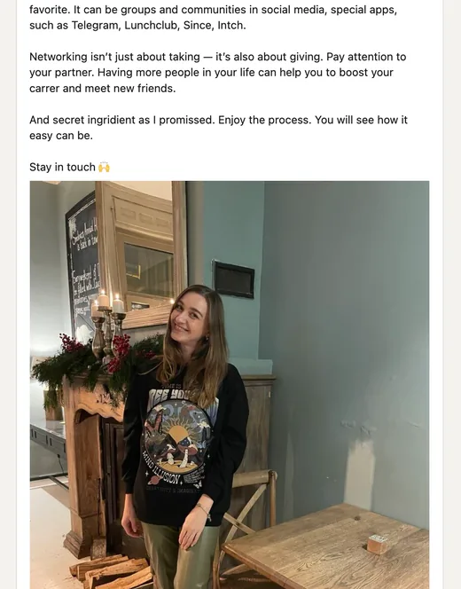 Excerpt of a LinkedIn post with networking tips that lists Intch among apps for meeting people, alongside Telegram, Lunchclub and Since.