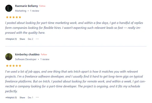 Product Hunt reviews by Raemarie Bellamy, who got replies from companies about part-time marketing work within days, and freelance developer kimberley chaddeo, who landed an ongoing part-time project.