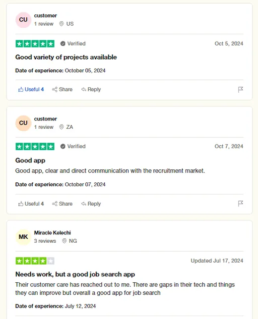 Three Trustpilot reviews praising Intch's variety of projects, direct communication with the recruitment market, and calling it a good job search app.