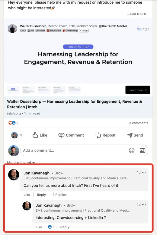 LinkedIn comments by Jon Kavanagh under a shared Intch pitch, asking about Intch and describing it as crowdsourcing plus LinkedIn.