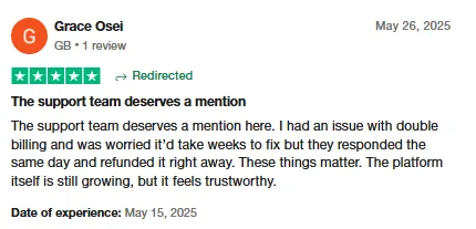 Five-star Trustpilot review by Grace Osei praising Intch support for refunding a double billing the same day and calling the platform trustworthy.