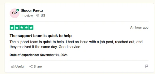 Trustpilot review by Shopon Parvez saying Intch's support team resolved an issue with a job post the same day.