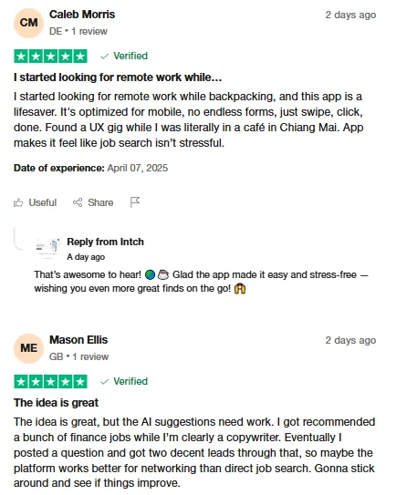 Trustpilot reviews by Caleb Morris, who found a UX gig while backpacking, and Mason Ellis, who got two leads after posting a question on Intch.