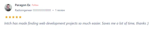 Five-star Sitejabber review by Paragon Ex saying Intch made finding web development projects much easier and saves a lot of time.