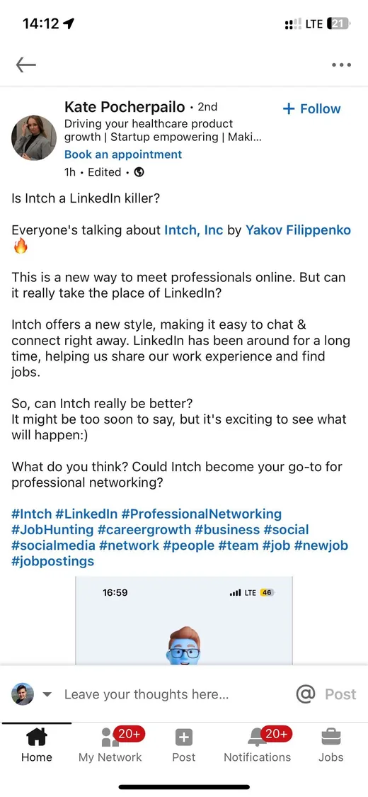 LinkedIn post by Kate Pocherpailo asking whether Intch could be a LinkedIn killer, praising how easy it makes it to chat and connect with professionals.