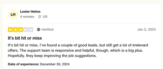 Trustpilot review by Lester Helms calling Intch hit or miss: a couple of good leads but many irrelevant offers, with responsive and helpful support.