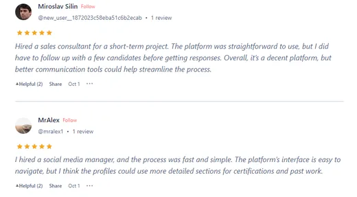 Two Product Hunt reviews: Miroslav Silin hired a sales consultant for a short-term project, and MrAlex hired a social media manager quickly through Intch's easy interface.