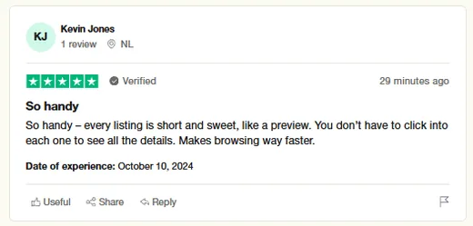 Trustpilot review by Kevin Jones praising the short, preview-style job listings on Intch that make browsing much faster.