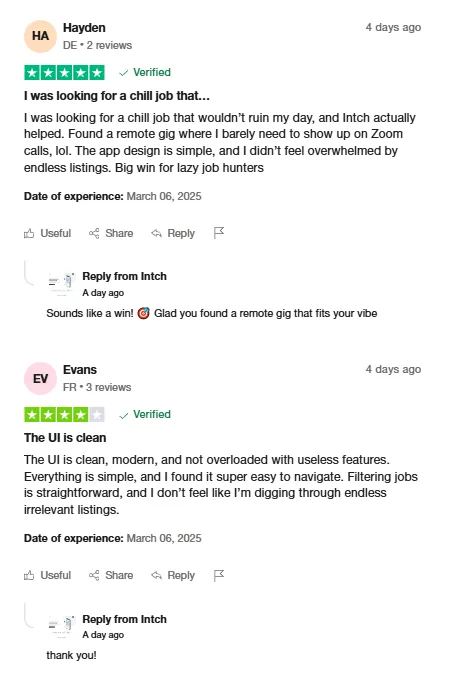 Trustpilot reviews by Hayden, who found a low-pressure remote gig through Intch and liked the simple design, and Evans, who praises the clean, modern UI and easy job filtering.