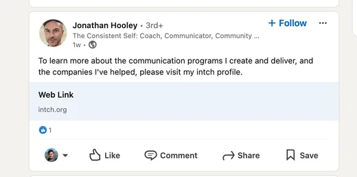 LinkedIn post by coach Jonathan Hooley inviting people to visit his Intch profile to learn about his communication programs.