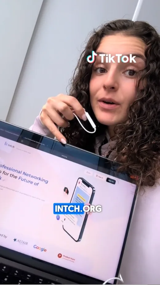 Frame from a TikTok video in which a creator shows the Intch professional networking website on a laptop with the caption "intch.org".