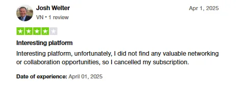 Trustpilot review by Josh Welter calling Intch an interesting platform but saying he found no valuable networking or collaboration opportunities and cancelled his subscription.