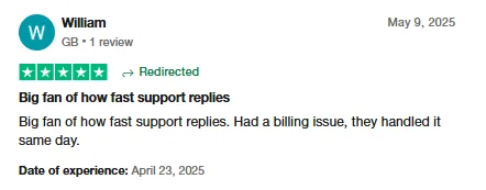 Five-star Trustpilot review by William praising how fast Intch support replies; a billing issue was handled the same day.