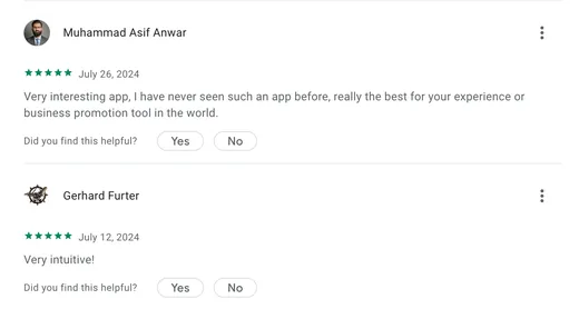 Google Play reviews by Muhammad Asif Anwar, who calls Intch a unique app and the best tool for showcasing experience or promoting a business, and Gerhard Furter, who finds it very intuitive.