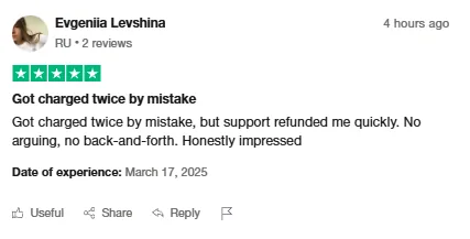 Trustpilot review by Evgeniia Levshina saying Intch support quickly refunded a duplicate charge without any back-and-forth.